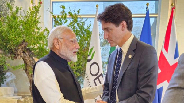 Prime Minister Narendra Modi with Prime Minister of Canada Justin Trudeau on the sidelines of the G7 summit in Apulia Italy