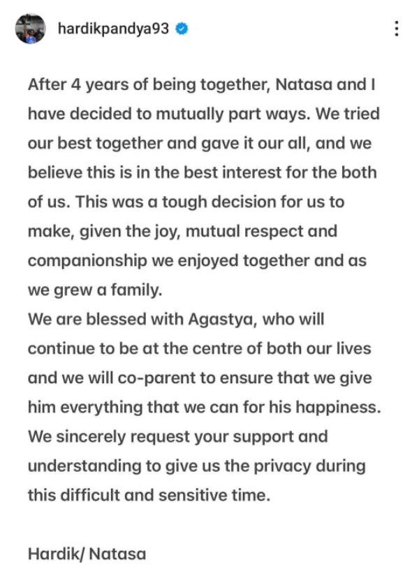 Hardik Pandya And Natasha Stankovic Announce Separation After Four Years Together