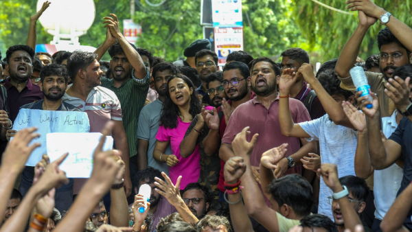 Students protest outside Rau s IAS Study Circle where three students died after the basement of the building was flooded following heavy rain at Old Rajinder Nagar in New Delhi Sunday July 28 2024