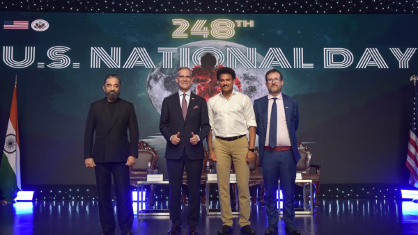 Actor Kamal Haasan U S Ambassador to India Eric Garcetti Tamil Nadu Minister for School Education Anbil Mahesh Poyyamozhi and U S Consul General in Chennai Chris Hodges celebrate the 248th anniversary of U S National Day in Chennai on Thursday July 18 2024