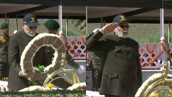 Prime Minister Narendra Modi lays a wreath at the Kargil War Memorial on the occasion of the 25th anniversary of the Kargil Vijay Diwas in Dras