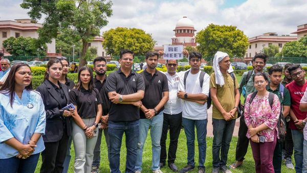 Students at the Supreme Court of India in New Delhi Monday July 8 2024 The apex court has begun the hearing for a number of petitions regarding the alleged irregularities in the administration of NEET UG 2024 exams