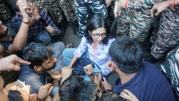 AAP MP Swati Maliwal takes part in a protest of students over the death of three civil services aspirants after the basement of a coaching centre was flooded following heavy rain in New Delhi Sunday July 28 2024