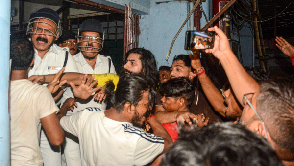Protestors at the RG Kar Medical College and Hospital during a protest against the alleged rape and murder of a trainee doctor inside the hospital premises in Kolkata early Thursday Aug 15 2024 Unidentified miscreants entered the premises of the state-run hospital shortly after midnight on Thursday and vandalised portions of the medical facility where the body of a woman doctor was found last week police said