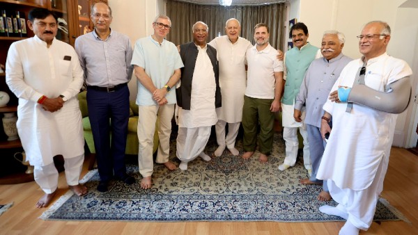 Farooq Abdullah Mallikarjun Kharge Rahul Gandhi Omar Abdullah and other leaders from Congress and National Conference