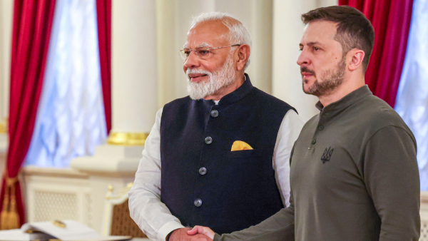 Prime Minister Narendra Modi with Ukrainian President Volodymyr Zelenskyy during a meeting at Mariinskyi Palace in Kyiv Ukraine Friday Aug 23 2024