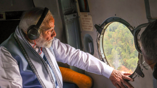 Prime Minister Narendra Modi carries out an aerial survey of landslide-hit areas of Wayanad district Saturday Aug 10 2024