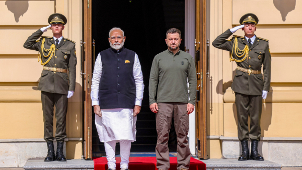 Prime Minister Narendra Modi with the Ukrainian President Volodymyr Zelenskyy at the Mariinsky Palace in Kyiv Ukraine Friday Aug 23 2024