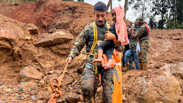 Army personnel during a rescue operation after recent landslides triggered by rain in Wayanad district