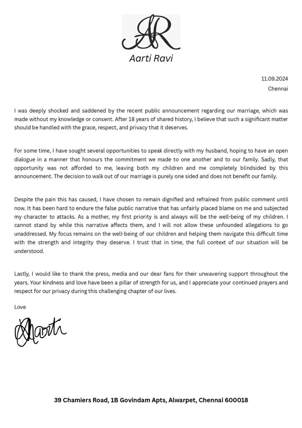 Jayam Ravi Divorce Drama Aarti Claims She Does Not Consent To Separation - Read Her Full Statement