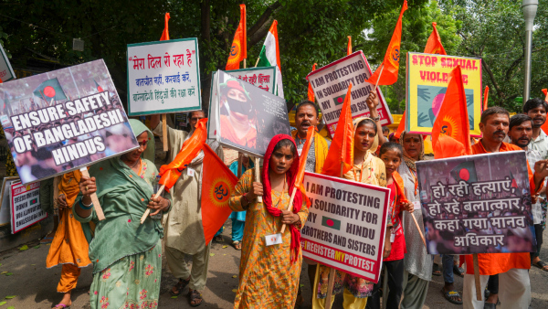 Members of Hindu organisations protest over the violence against minorities in Bangladesh at Jantar Mantar in New Delhi Sunday Aug 18 2024