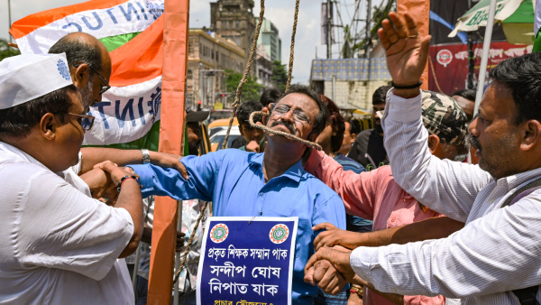 Members of Indian National Trade Union Congress INTUC protest against former principal of RG Kar Medical College and Hospital Sandip Ghosh demanding capital punishment for him after he was arrested by the CBI in view of the alleged rape and murder of a trainee doctor in Kolkata Thursday Sept 5 2024