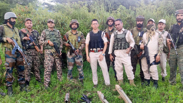 Security personnel during a search and area domination operation in vulnerable areas of hill and valley districts of Manipur