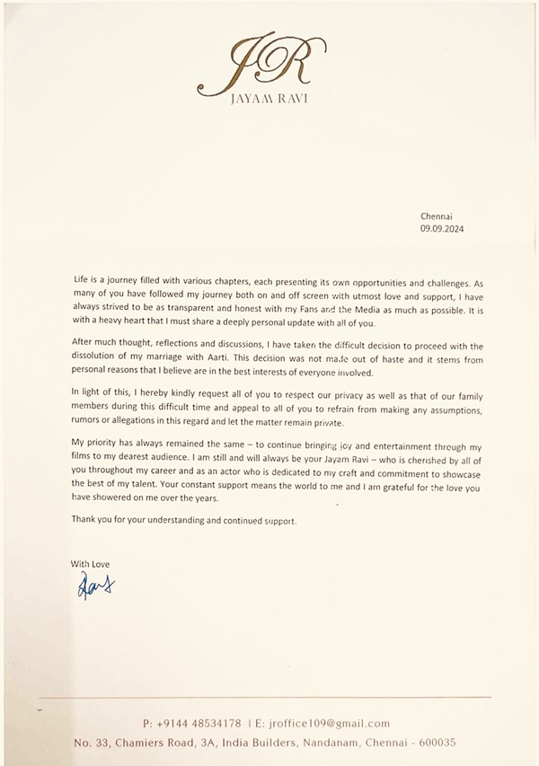 Jayam Ravi Divorce Drama Aarti Claims She Does Not Consent To Separation - Read Her Full Statement