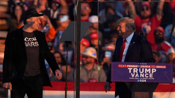 Elon Musk with Republican presidential nominee Donald Trump during a campaign rally at the Butler Farm Show Saturday Oct 5 2024 in Butler Pa Elon Musk with Republican presidential nominee Donald Trump during a campaign rally at the Butler Farm Show Saturday Oct 5 2024 in Butler Pa