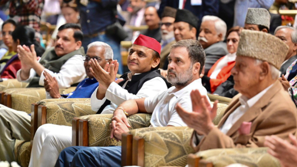 Leader of Opposition in Lok Sabha Rahul Gandhi Samajwadi Party SP chief Akhilesh Yadav CPI leader D Raja AAP leader Sanjay Singh and others during the oath-taking ceremony of Jammu and Kashmir Chief Minister-elect Omar Abdullah in Srinagar