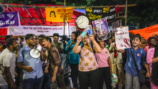 Junior doctors stage a protest against the alleged rape and murder of their colleague at the RG Kar hospital at their sit-in site in Kolkata Saturday Oct 5 2024 The doctors on Saturday evening went on fast unto death claiming that their demands were not fulfilled by the West Bengal government