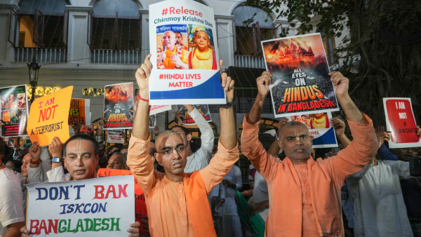 ISKCON monks take part in a protest kirtan over the arrest of Hindu monk Chinmoy Krishna Das Prabhu by Bangladesh police in Kolkata West Bengal Thursday Nov 28 2024
