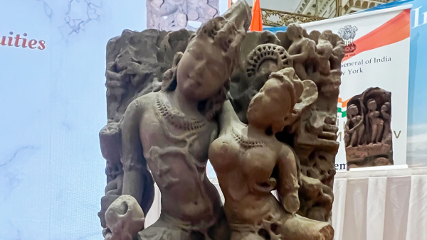 Indian antique Vishnu and Lakshmi with Garuda at its repatriation by the US to India during repatriation ceremony at the Indian consulate in New York