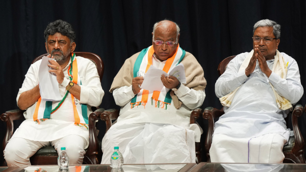 Congress President Mallikarjun Kharge with Karnataka CM Siddaramaiah and DyCM DK Shivakumar Congress President Mallikarjun Kharge with Karnataka CM Siddaramaiah and DyCM DK Shivakumar