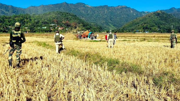 Security personnel conduct searches in a sensitive area of Manipur Search operations and area domination were conducted by security forces in the fringe and vulnerable areas of hill and valley districts of the state