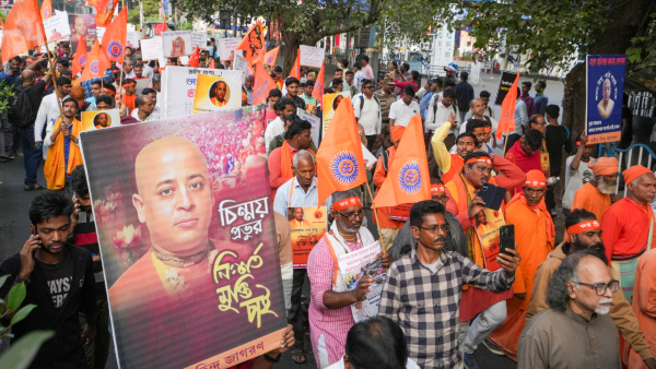 Activists of Hindu Jagaran Mancha participate in a rally to protest over arrest of Chinmoy Krishna Das by the Bangladesh police in Kolkata West Bengal Thursday Nov 28 2024