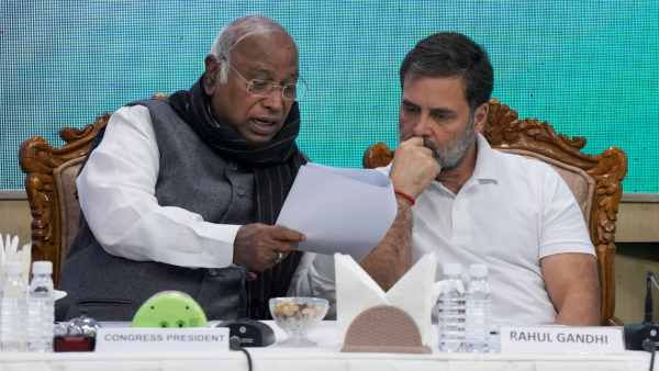 LoP in the Lok Sabha and Congress leader Rahul Gandhi with party President Mallikarjun Kharge during the Congress Working Committee meeting at the AICC headquarters in New Delhi Friday Nov 29 2024
