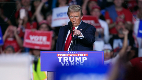 Republican presidential nominee former President Donald Trump speaks during a campaign rally at Lee s Family Forum Thursday Oct 31 2024 in Henderson Nev