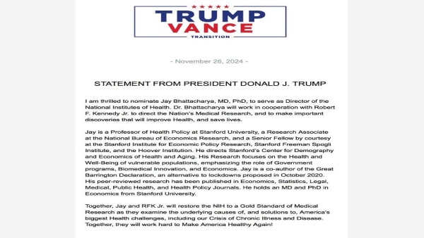 Dr Jay Bhattacharya To Helm NIH