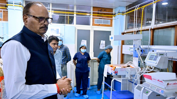 Uttar Pradesh Deputy Chief Minister Brajesh Pathak during an inspection after a fire broke out inside the Neonatal Intensive Care Unit NICU of the Maharani Laxmi Bai Medical College in Jhansi district Uttar Pradesh Deputy Chief Minister Brajesh Pathak during an inspection after a fire broke out inside the Neonatal Intensive Care Unit NICU of the Maharani Laxmi Bai Medical College in Jhansi district