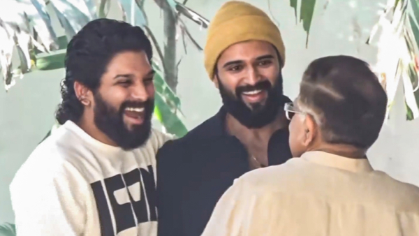 Telugu film actor Vijay Deverakonda meets actor Allu Arjun after the latter was released from the jail in Hyderabad Saturday Dec 14 2024