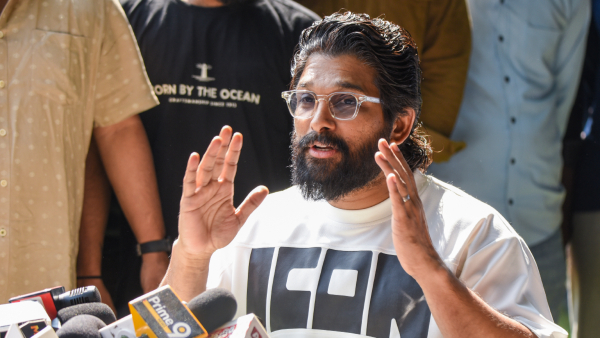 Telugu film actor Allu Arjun addresses a press conference at his residence in Hyderabad Saturday Dec 14 2024