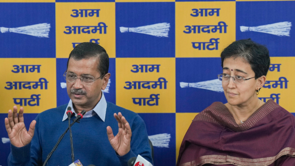 Delhi Chief Minister Atishi and former CM and AAP national convener Arvind Kejriwal during a press conference in New Delhi