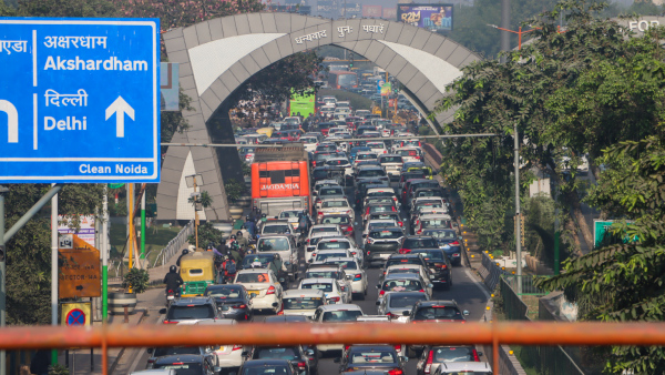 Vehicles stuck in a traffic jam on a road near Delhi-Noida border after security was heightened in view of farmers protest march towards the national capital in New Delhi Monday Dec 2 2024