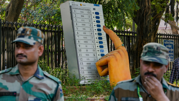 A model of Electronic Voting Machine EVM outside Election Commission of India ECI office in New Delhi