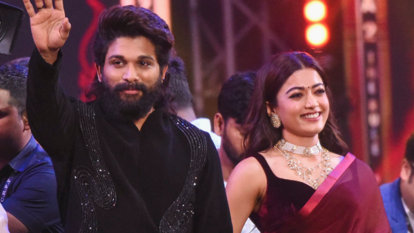 Allu Arjun and Rashmika Mandanna during the launch of the trailer of their film Pushpa 2 in Patna