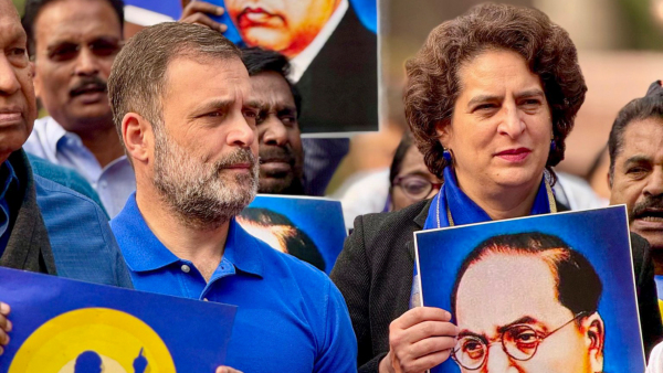 LoP in the Lok Sabha and Congress MP Rahul Gandhi with party MP Priyanka Gandhi Vadra during a protest by INDIA bloc members in Parliament premises accusing Home Minister Amit Shah of allegedly insulting B R Ambedkar in New Delhi Thursday Dec 19 2024 LoP in the Lok Sabha and Congress MP Rahul Gandhi with party MP Priyanka Gandhi Vadra during a protest by INDIA bloc members in Parliament premises accusing Home Minister Amit Shah of allegedly insulting B R Ambedkar in New Delhi Thursday Dec 19 2024