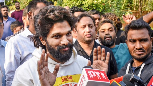 Telugu film actor Allu Arjun speaks with the media at his residence after he was released from the jail in Hyderabad Saturday Dec 14 2024
