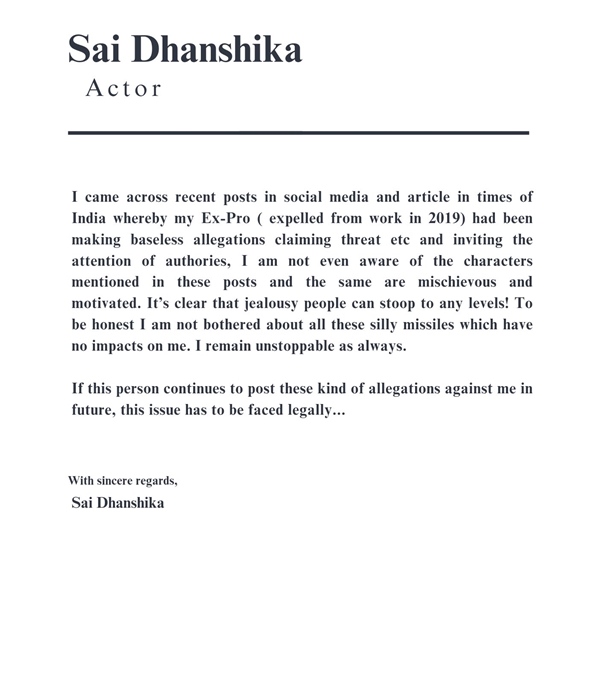 Sai Dhanshika Denies Allegations Made By Ex-PRO Warns Media Of Taking Action Against False News