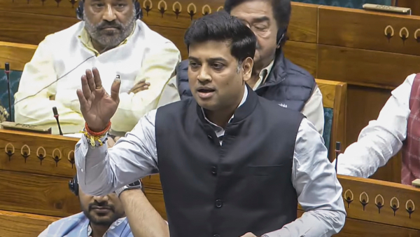 Shiv Sena MP Shrikant Eknath Shinde speaks in the Lok Sabha during the Winter session of Parliament in New Delhi Saturday Dec 14 2024