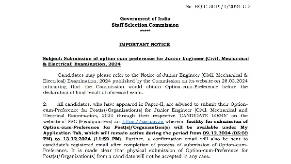 SSC JE 2024 Option-Cum-Preference Form