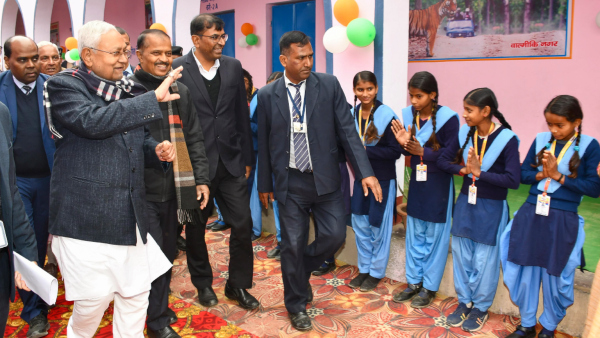 Bihar Chief Minister Nitish Kumar visits a government school during his Pragati Yatra in Saran Bihar