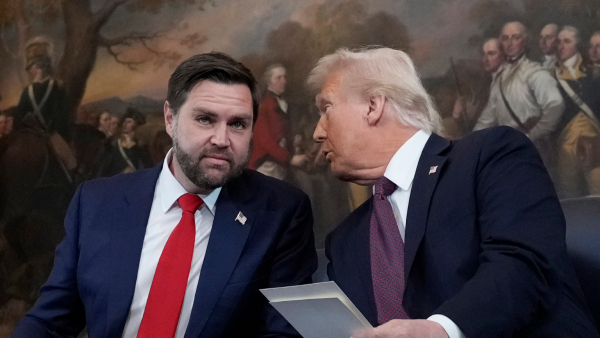 Donald Trump speaks with JD Vance left before taking their oaths of office during the Inauguration ceremonies in the Rotunda of the U S Capitol in Washington on Monday Jan 20 2025 Donald Trump speaks with JD Vance left before taking their oaths of office during the Inauguration ceremonies in the Rotunda of the U S Capitol in Washington on Monday Jan 20 2025
