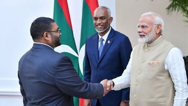 Maldivian Defence Minister Mohammed Ghassan Maumoon With PM Modi Maldivian Defence Minister Mohammed Ghassan Maumoon With PM Modi