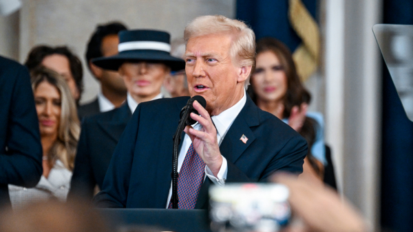 President Donald Trump speaks after taking the oath of office during the 60th Presidential Inauguration in the Rotunda of the U S  Capitol in Washington  Monday  Jan  20  2025
