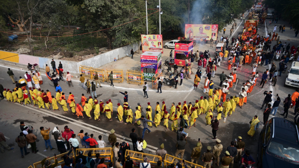 Sadhus take part in a Chavani Pravesh procession of Jagadguru Shankaracharya Swami Sadanand Saraswati during Maha Kumbh 2025 at Sangam in Prayagraj Thursday Jan 16 2025
