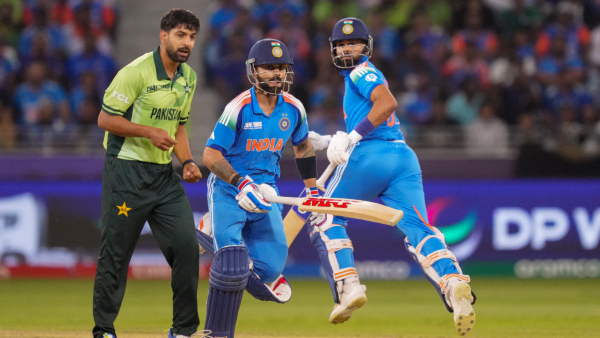 Virat Kohli and Shreyas Iyer run between the wickets during a One Day International ODI cricket match of the ICC Champions Trophy between India and Pakistan at Dubai International Cricket Stadium in Dubai UAE Sunday Feb 23 2025
