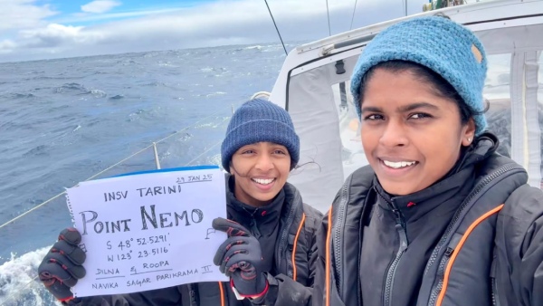 Lieutenant Commander Dilna K and Lieutenant Commander Roopa A at Point Nemo Photo courtesy Indian Navy