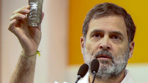 Congress leader Rahul Gandhi displaying the dirty Yamuna water while addressing a public meeting ahead of Assembly polls in New Delhi Sunday Feb 2 2025