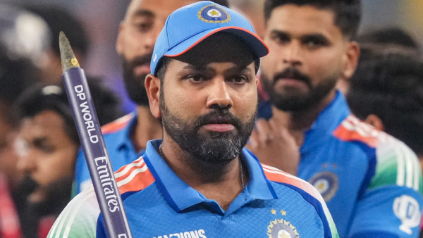 Indian captain Rohit Sharma celebrates win against New Zealand in the ICC Champions Trophy 2025 final cricket match in Dubai UAE Sunday March 9 2025 India won by 4 wickets to lift the ICC Champions Trophy 2025